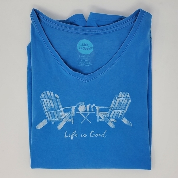 LIFE IS GOOD BLUE SHORT SLEEVE T-SHIRT CRUSHER PATIO PORCH SUMMER WOMEN LARGE - Picture 1 of 14